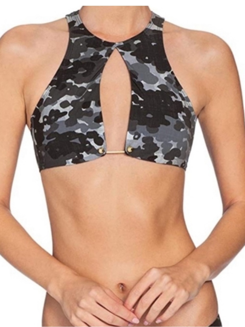 New Robin Piccone Eden Grey CamoHigh Neck Key Hole Gold Ring  Bikini Top XS